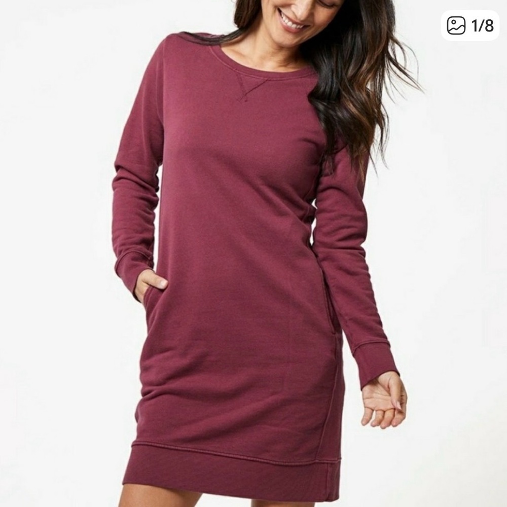 Pact Crewneck Sweatshirt Dress Organic Cotton Long Sleeve Burgundy Women's Small